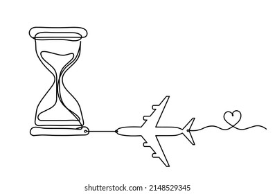 Abstract clock with plane as line drawing on white background. Vector