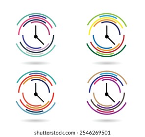 Abstract Clock Showing Time Different Colors Set. Time measurement, modern technology and business planning vector art