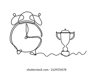 Abstract clock with trophy as line drawing on white background. Vector