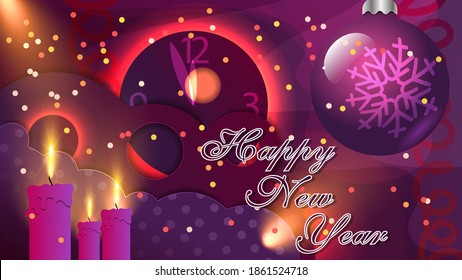 Abstrakte Uhren, brennende Kerzen, überlappende strukturierte Formen, glänzender Weihnachtsball, Konfetti, Grußschreiben im violettem orangefarbenen Raum. Vektorgrafik