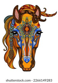 Resumen cerrar cabeza de caballo con elementos de garabato. Ilustración de color vectorial aislada en fondo blanco. Diseño, impresión, decoración, tatuaje, camiseta, rompecabezas, póster, porcelana, pegatinas