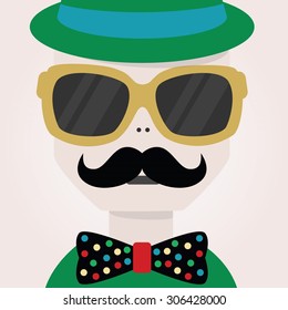 Abstract close up of stylish man face icon with hat, sunglasses, mustache, and bow tie on pink gradient background