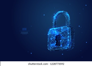 Abstract closed lock without key on dark blue background. Protect or security symbol composed of polygons. Low poly vector illustration of a starry sky or Comos, consists of lines, dots and shapes.