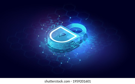 Abstract closed lock without key. isometric vector image on dark background. Protect or security symbol. Cyber Security Icon.