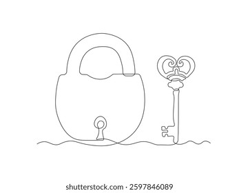 Abstract closed, locked Padlock and key, continuous single one line art hand drawing sketch logo 