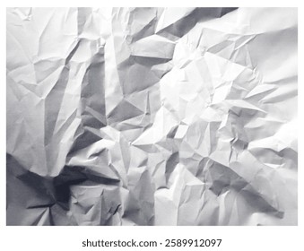 Abstract close-up of crumpled white paper with sharp folds and shadows, creating a textured and geometric background