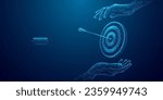 Abstract close-up hands holding a target with bow arrow in a bullseye. Businessman gesture protecting virtual blue dartboard. Business Achievement objective target concept in futuristic low poly style