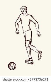 Abstract closeup happy fast speed strong guy kicker body figure look team move white field text space. Outline black ink hand drawn best outdoor human child kid boy leg fun hit fit sprint healthy lifestyle equipment logo modern art doodle line style