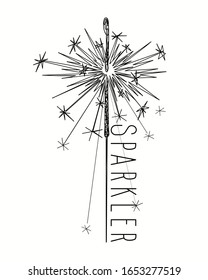  
Abstract closeup of sparkler on white background. Sparkler vector firework. New year, Christmas, birthday. Bengal light.
Flat black illustration on light background. Line art.