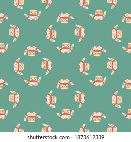 Abstract clothes seamless pattern with red and white colored scandi sweater ornament. Blue background. Flat vector print for textile, fabric, giftwrap, wallpapers. Endless illustration.