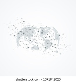Abstract cloud computing background and networks concept with earth globes. Global digital connections with dotted and lines. Big data visualization complex with compounds. Vector illustration.