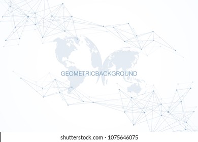 Abstract cloud computing background and networks concept with earth globes. Global digital connections with dotted and lines. Big data visualization complex with compounds. Vector illustration.