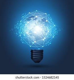 Abstract Cloud Computing, Electric and Global Network Connections Concept Design with Earth Globe Inside a Glowing Light Bulb and Transparent Geometric Mesh - Illustration in Editable Vector Format