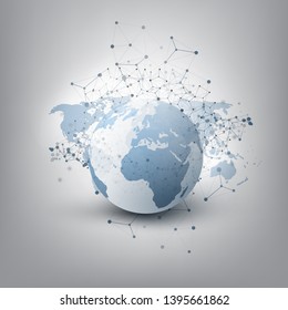 Abstract Cloud Computing and Global Network Connections Concept Design with Transparent Geometric Mesh, Earth Globe - Illustration in Editable Vector Format 