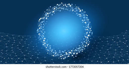 Abstract Cloud Computing and Global Network Connections Concept Design with Transparent Geometric Mesh, Wire Frame Ring - Illustration in Editable Vector Format