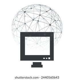 Abstract Cloud Computing and Global Network Connections Concept Design with Wireframe Globe, Computer Monitor, Transparent Geometric Mesh on White Background - Isolated Illustration, Vector Format