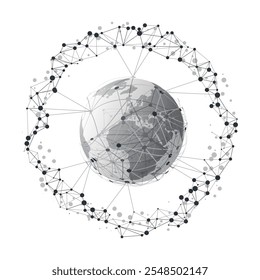 Computação em nuvem abstrata e conexões de rede globais conceituam o design com malha poligonal geométrica transparente ao redor do globo terrestre - ilustração em formato vetorial - isolada sobre fundo branco