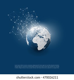 Abstract Cloud Computing and Global Network Connections Concept Design with Transparent Geometric Mesh, Wireframe Sphere, Earth Globe - Illustration in Editable Vector Format