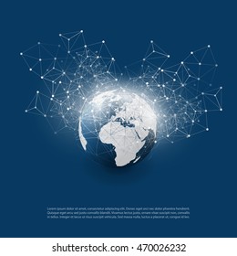 Abstract Cloud Computing and Global Network Connections Concept Design with Transparent Geometric Mesh, Wireframe Sphere, Earth Globe - Illustration in Editable Vector Format