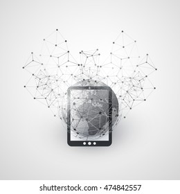 Abstract Cloud Computing and Global Network Connections Concept Design with Earth Globe, Digital Tablet, Wireless Mobile Device, Transparent Geometric Mesh - Illustration in Editable Vector Format