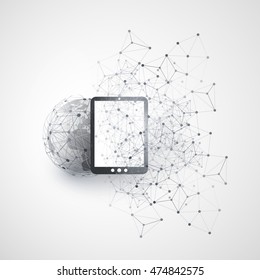 Abstract Cloud Computing and Global Network Connections Concept Design with Earth Globe, Digital Tablet, Wireless Mobile Device, Transparent Geometric Mesh - Illustration in Editable Vector Format
