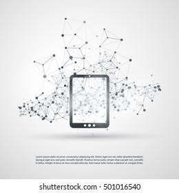 Abstract Cloud Computing and Global Network Connections Concept Design with Digital Tablet, Wireless Mobile Device, Transparent Geometric Mesh - Illustration in Editable Vector Format