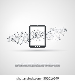 Abstract Cloud Computing and Global Network Connections Concept Design with Digital Tablet, Wireless Mobile Device, Transparent Geometric Mesh - Illustration in Editable Vector Format