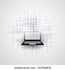Abstract Cloud Computing and Global Network Connections Concept Design with Laptop Computer, Wireless Mobile Device, Transparent Geometric Mesh - Illustration in Editable Vector Format