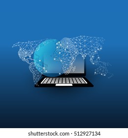 Abstract Cloud Computing and Global Network Connections Concept Design with Earth Globe, Digital Tablet, Wireless Mobile Device, Transparent Geometric Mesh - Illustration in Editable Vector Format