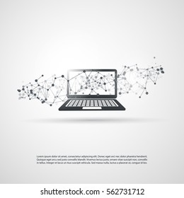 Abstract Cloud Computing And Global Network Connections Concept Design With Laptop Computer, Wireless Mobile Device, Transparent Geometric Mesh - Illustration In Editable Vector Format