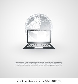 Abstract Cloud Computing and Global Network Connections Concept Design with Earth Globe, Laptop Computer, Wireless Mobile Device, Transparent Geometric Mesh - Illustration in Editable Vector Format