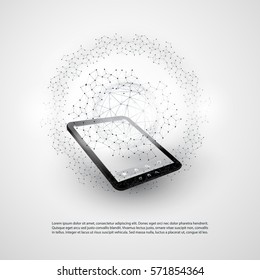 Abstract Cloud Computing and Global Network Connections Concept Design with Tablet PC, Wireless Mobile Device, Transparent Geometric Mesh - Illustration in Editable Vector Format