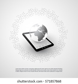 Abstract Cloud Computing and Global Network Connections Concept Design with Tablet PC, Wireless Mobile Device, Transparent Geometric Mesh - Illustration in Editable Vector Format