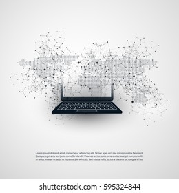 Abstract Cloud Computing and Global Network Concept Design with Laptop, Wireless Mobile Device, Transparent Spotted World Map and Geometric Mesh  - Illustration in Editable Vector Format