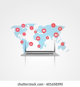 Abstract Cloud Computing and Global Network Connections Concept Design with Laptop, Illustration in Editable Vector Format