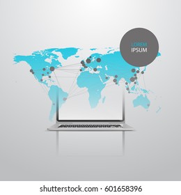 Abstract Cloud Computing and Global Network Connections Concept Design with Laptop, Illustration in Editable Vector Format