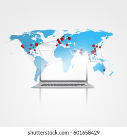 Abstract Cloud Computing and Global Network Connections Concept Design with Laptop, Illustration in Editable Vector Format
