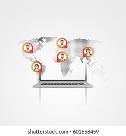 Abstract Cloud Computing and Global Network Connections Concept Design with Laptop, Illustration in Editable Vector Format