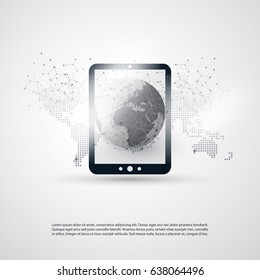 Abstract Cloud Computing and Global Network Connections Concept Design with Tablet PC, Wireless Mobile Device, Transparent Geometric Mesh - Illustration in Editable Vector Format 
