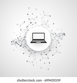 Abstract Cloud Computing and Global Network Connections Concept Design with Laptop Computer, Wireless Mobile Device, Transparent Geometric Mesh - Illustration in Editable Vector Format