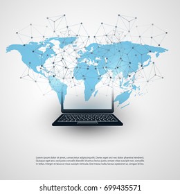 Abstract Cloud Computing and Global Network Connections Concept Design with Laptop Computer, Wireless Mobile Device, Transparent Geometric Mesh - Illustration in Editable Vector Format