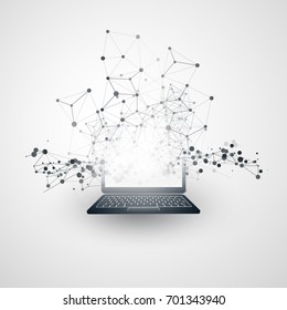 Abstract Cloud Computing And Global Network Connections Concept Design With Laptop Computer, Wireless Mobile Device, Transparent Geometric Mesh - Illustration In Editable Vector Format