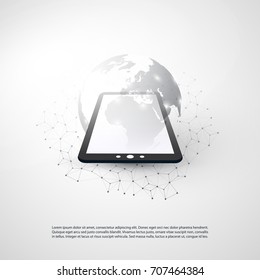 Abstract Cloud Computing and Global Network Connections Concept Design with Tablet PC, Wireless Mobile Device, Transparent Geometric Mesh - Illustration in Editable Vector Format