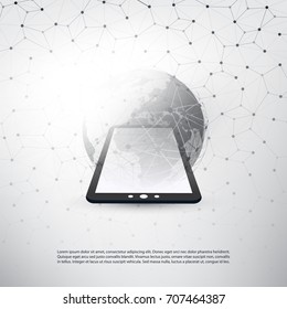 Abstract Cloud Computing and Global Network Connections Concept Design with Tablet PC, Wireless Mobile Device, Transparent Geometric Mesh - Illustration in Editable Vector Format