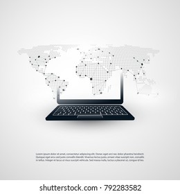 Abstract Cloud Computing, Global Networks Concept Design with Laptop, Wireless Mobile Device and Transparent Spotted World Map - Illustration in Editable Vector Format