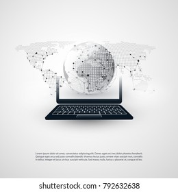 Abstract Cloud Computing, Global Networks Concept Design with Laptop, Wireless Mobile Device, Earth Globe and Transparent Spotted World Map - Illustration in Editable Vector Format