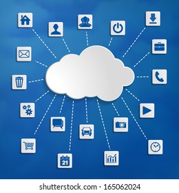 Abstract cloud computing with media icons on a blue background