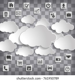 Abstract cloud computing with media icons on a chequered background