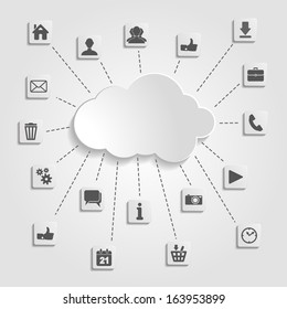 Abstract cloud computing with social networks icons on a gray background