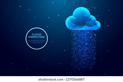 Resumen del concepto de tecnología de computación en nube. Nube digital y código binario. Descargar y cargar el almacenamiento de información de datos. Ilustración vectorial de malla baja en estilo holograma futurista.